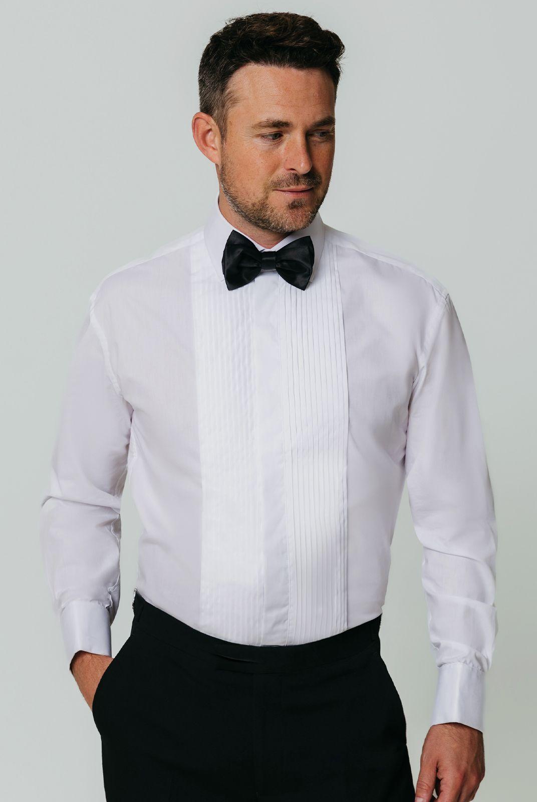 White Pleated Front Slim Fit Classic Collar Dress Shirt by DOBELL