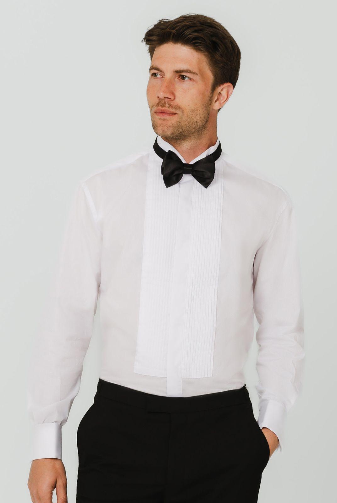 White Pleated Front Slim Fit Wing Collar Dress Shirt by DOBELL