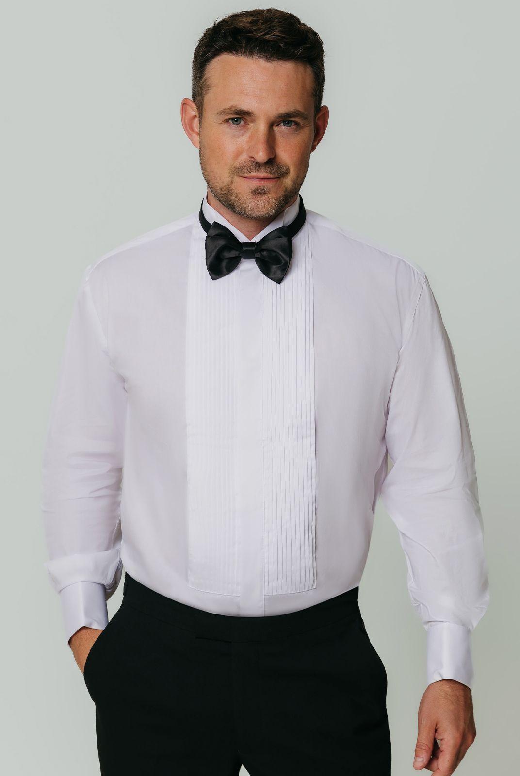 White Pleated Front Wing Collar Dress Shirt by DOBELL