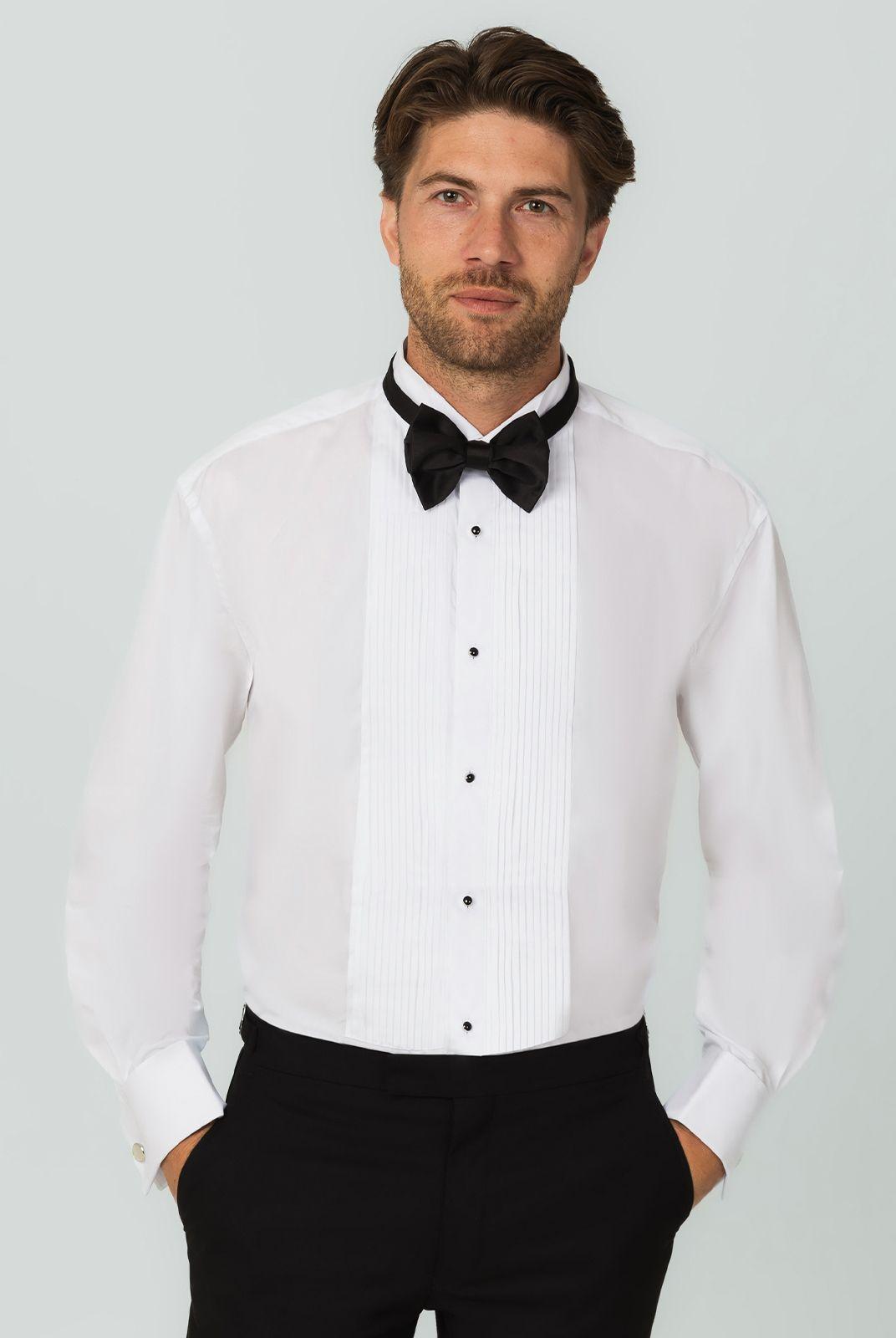 White Pleated Stud Button Front Wing Collar 100% Cotton Dress Shirt by DOBELL