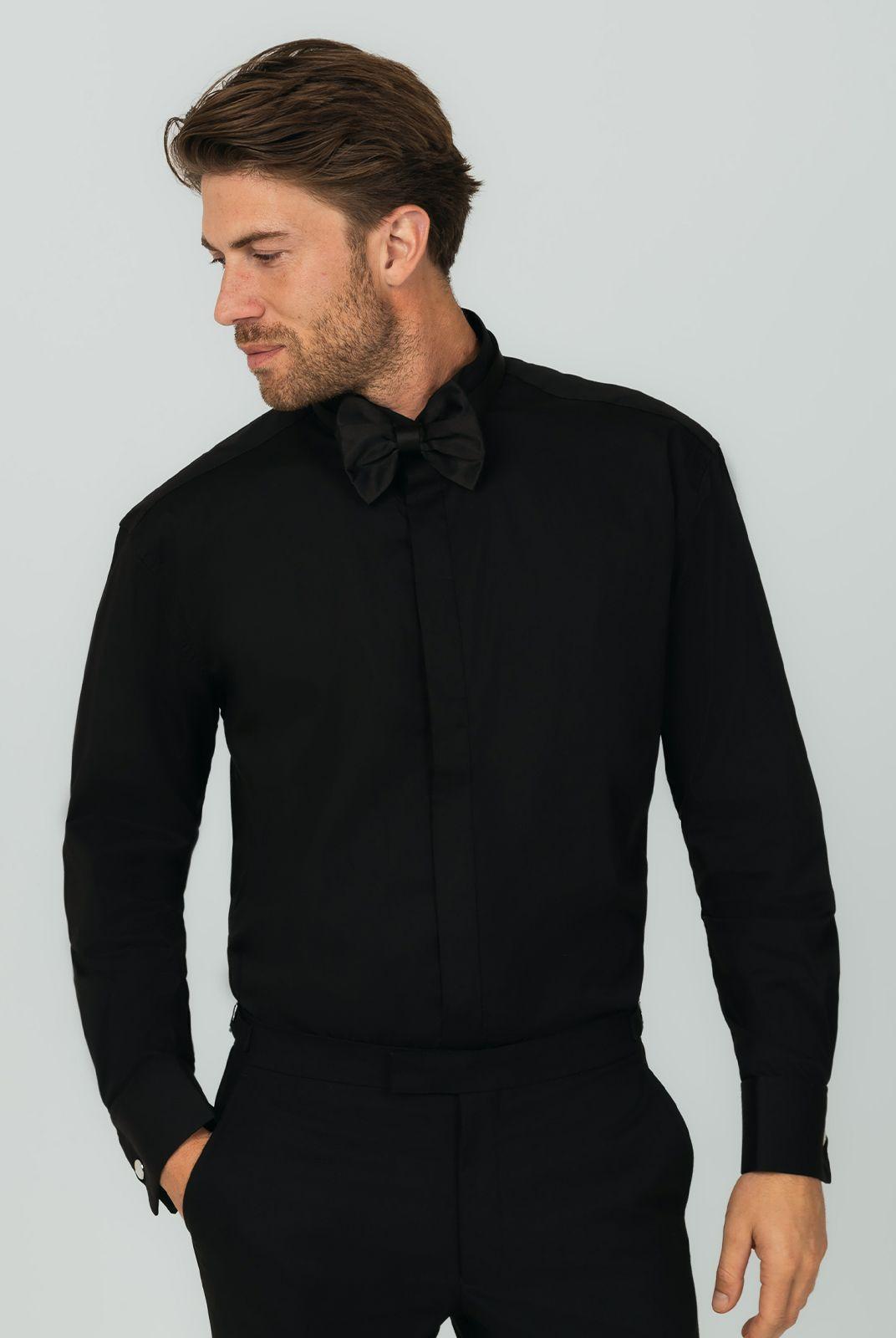 Wing Collar Plain Front Black Dress Shirt by DOBELL