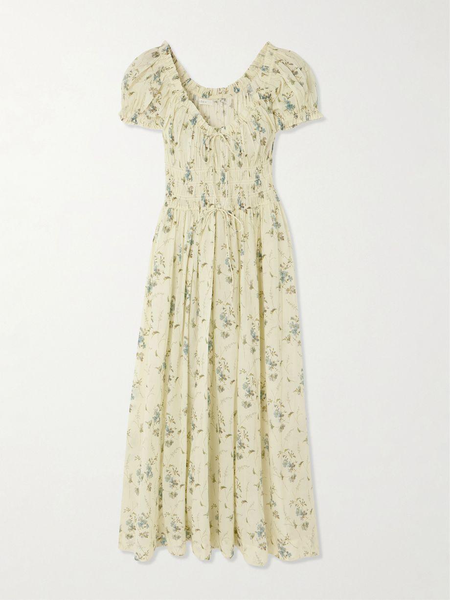Ashlynn tie-detailed shirred floral-print organic cotton-voile midi dress by DOEN