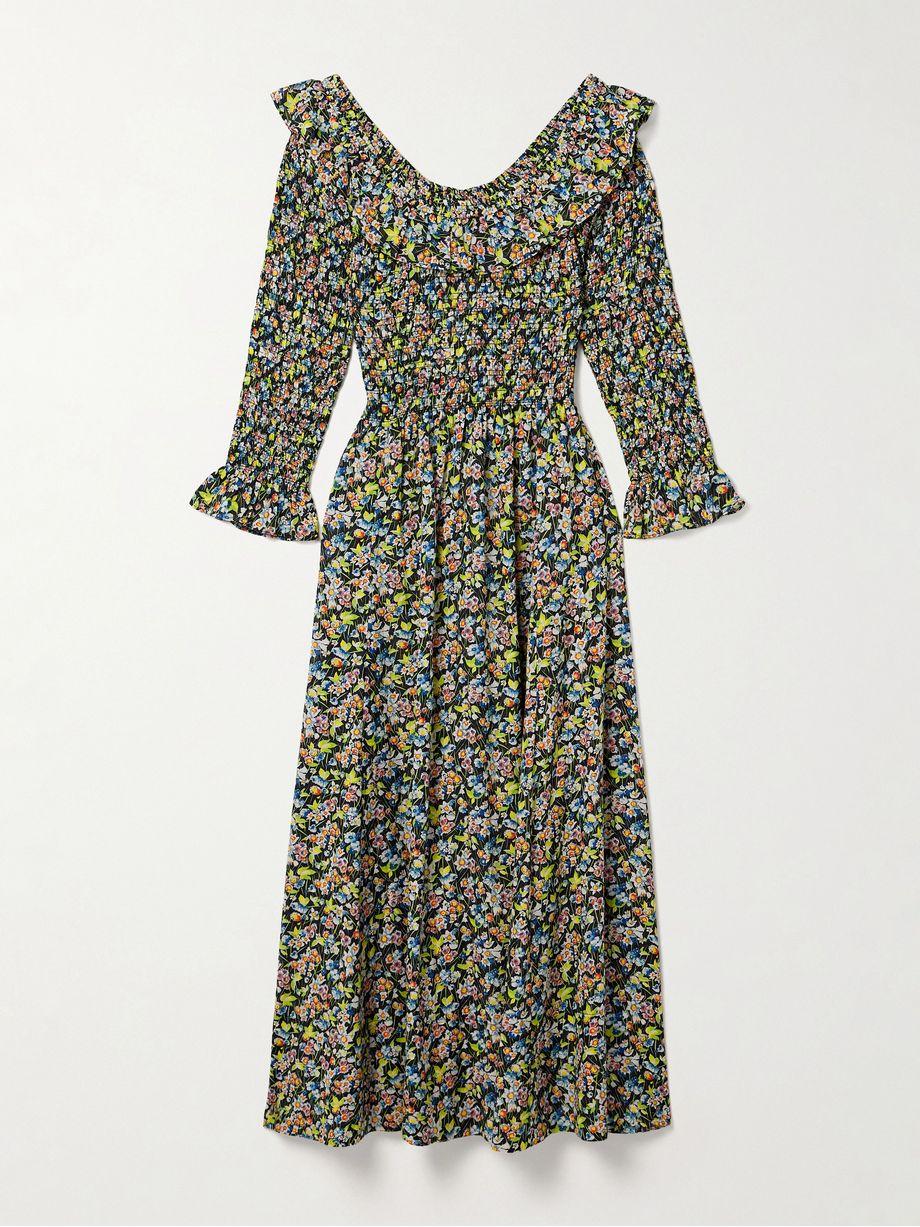Rosenda ruffled shirred floral-print organic cotton-blend voile midi dress by DOEN