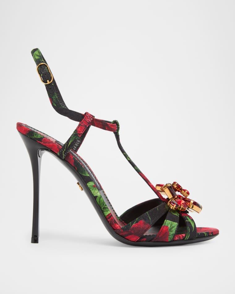 105mm Embellished Rose-Printed Satin Sandals by DOLCE&GABBANA