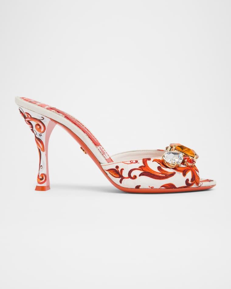 85mm Maiolica Canvas Peep-Toe Slide Sandals by DOLCE&GABBANA