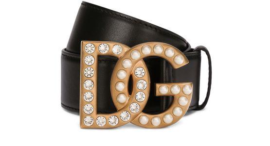 Calfskin belt with bejeweled DG logo by DOLCE&GABBANA