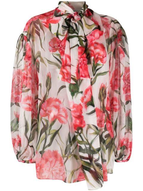 Carnation-print tie-neck silk blouse by DOLCE&GABBANA