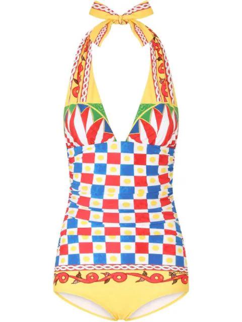 Carretto-print plunge-neck swimsuit by DOLCE&GABBANA