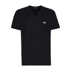 Cotton V-neck T-shirt with branded tag by DOLCE&GABBANA