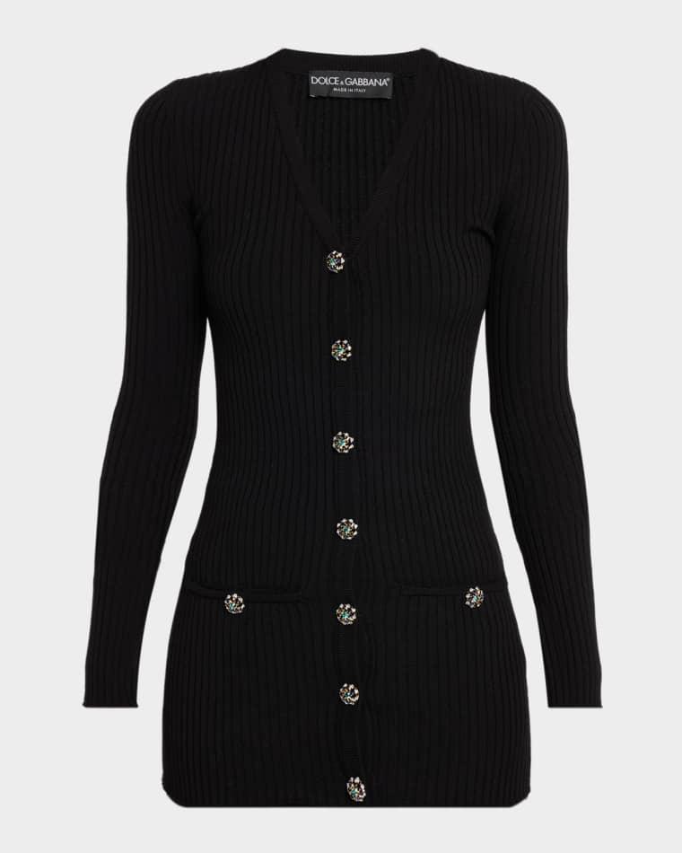 Crystal-Button Slim Wool Rib V-Neck Cardigan by DOLCE&GABBANA
