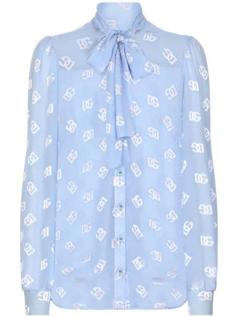 DNA pussy-bow collar semi-sheer shirt by DOLCE&GABBANA