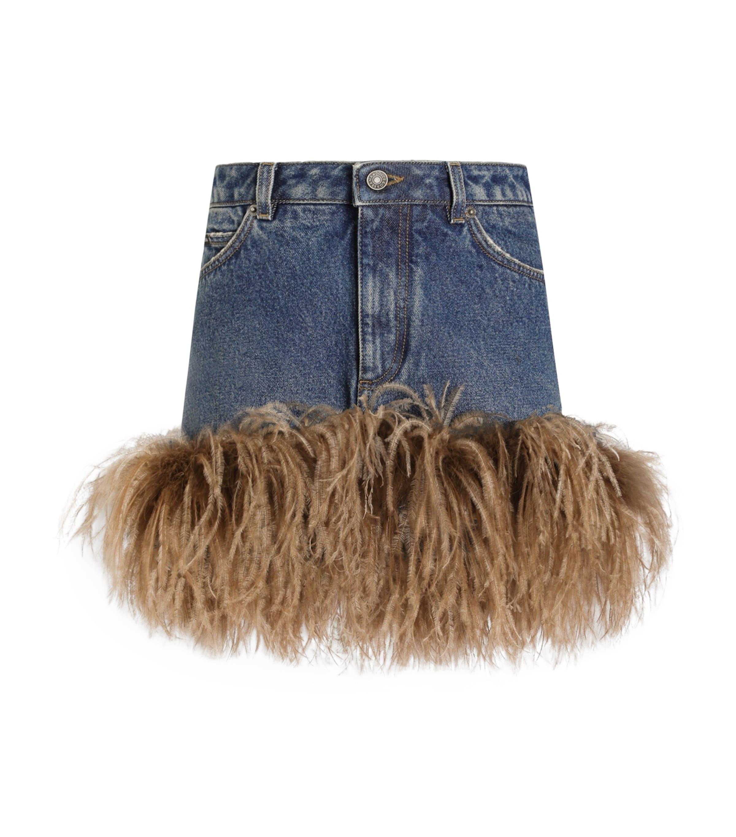 Dolce&Gabbana Denim Feather-Trim Mini Skirt by DOLCE&GABBANA