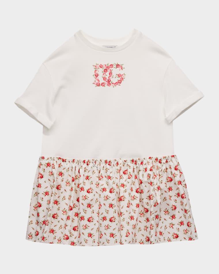 Girl's DG Logo Rose-Print Jersey & Poplin Dress, Size 4-6 by DOLCE&GABBANA