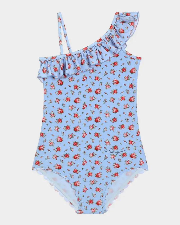 Girl's Floral-Print Ruffle One-Piece Swimsuit, Size 8-14 by DOLCE&GABBANA