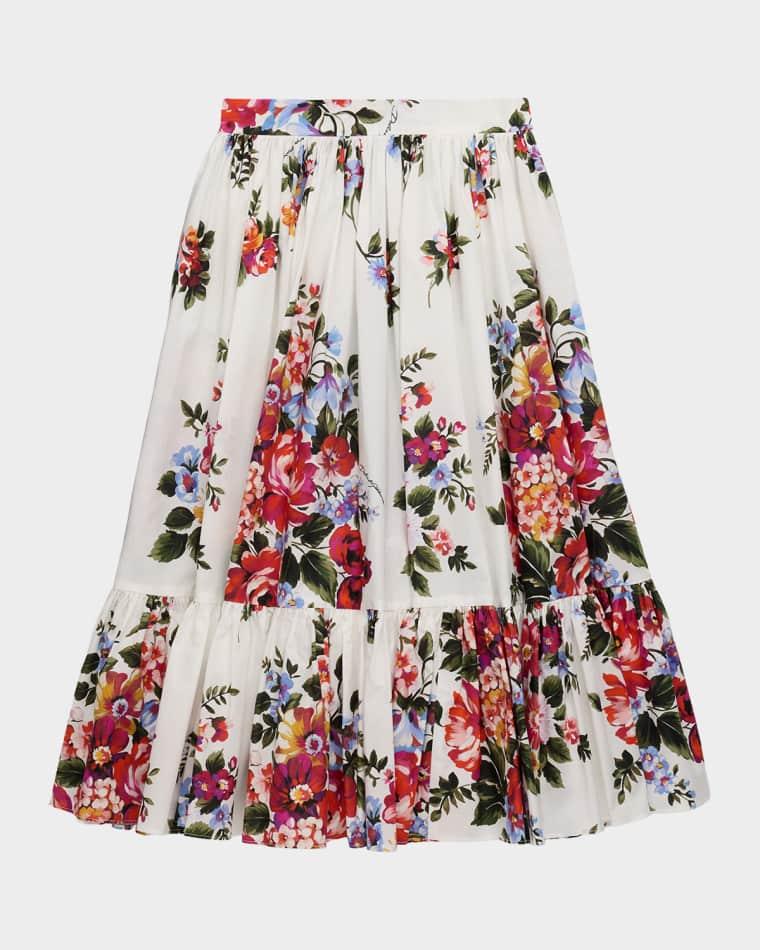 Girl's Flower Bouquet-Print Poplin Skirt, Size 8-14 by DOLCE&GABBANA