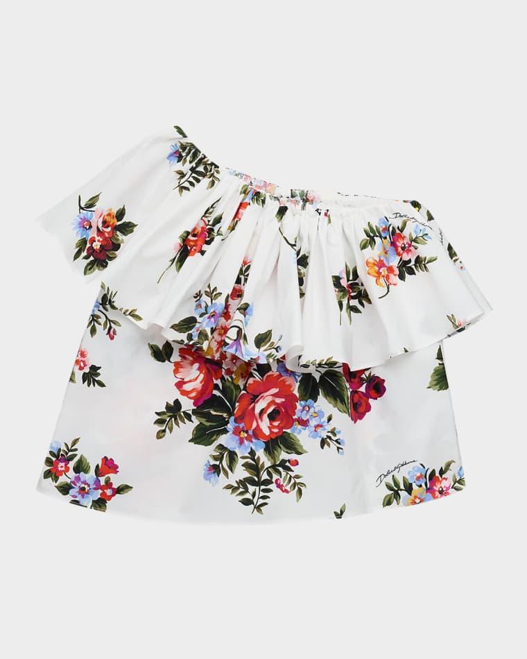 Girl's One-Shoulder Ruffle Floral Poplin Top, Size 8-14 by DOLCE&GABBANA