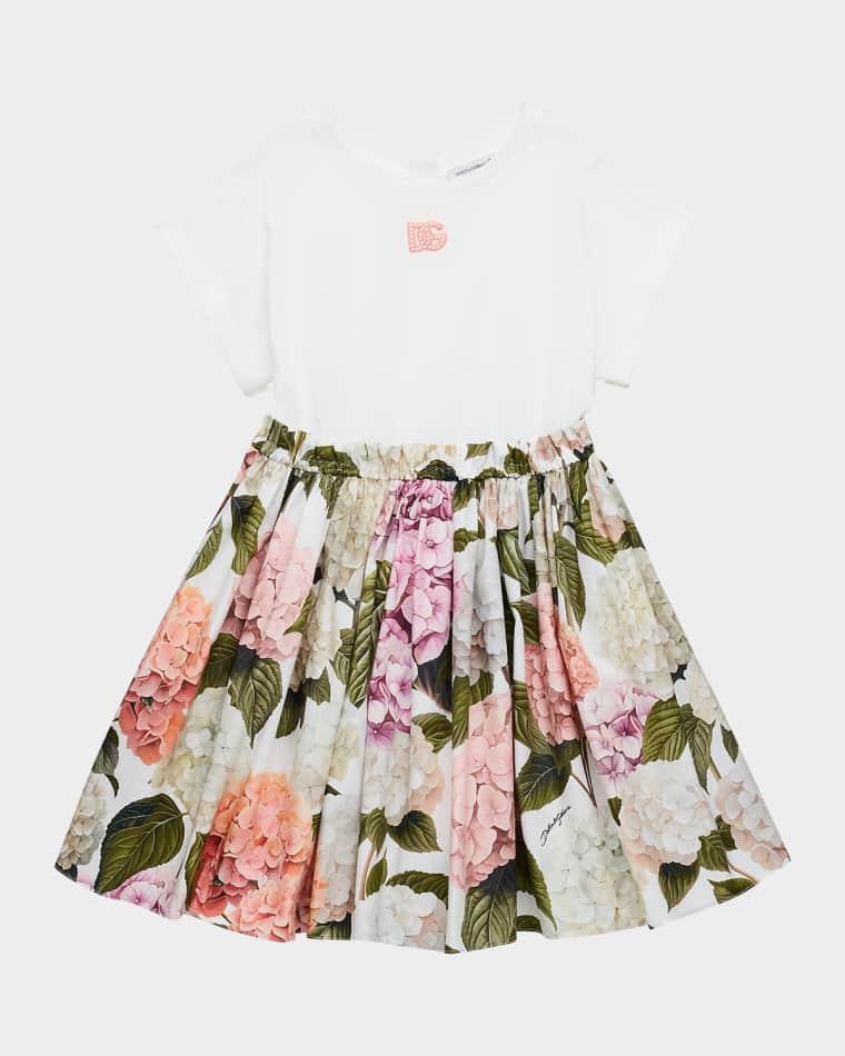 Girl's Rhinestone DG Hydrangea-Print Jersey & Poplin Dress, Size 2-6 by DOLCE&GABBANA