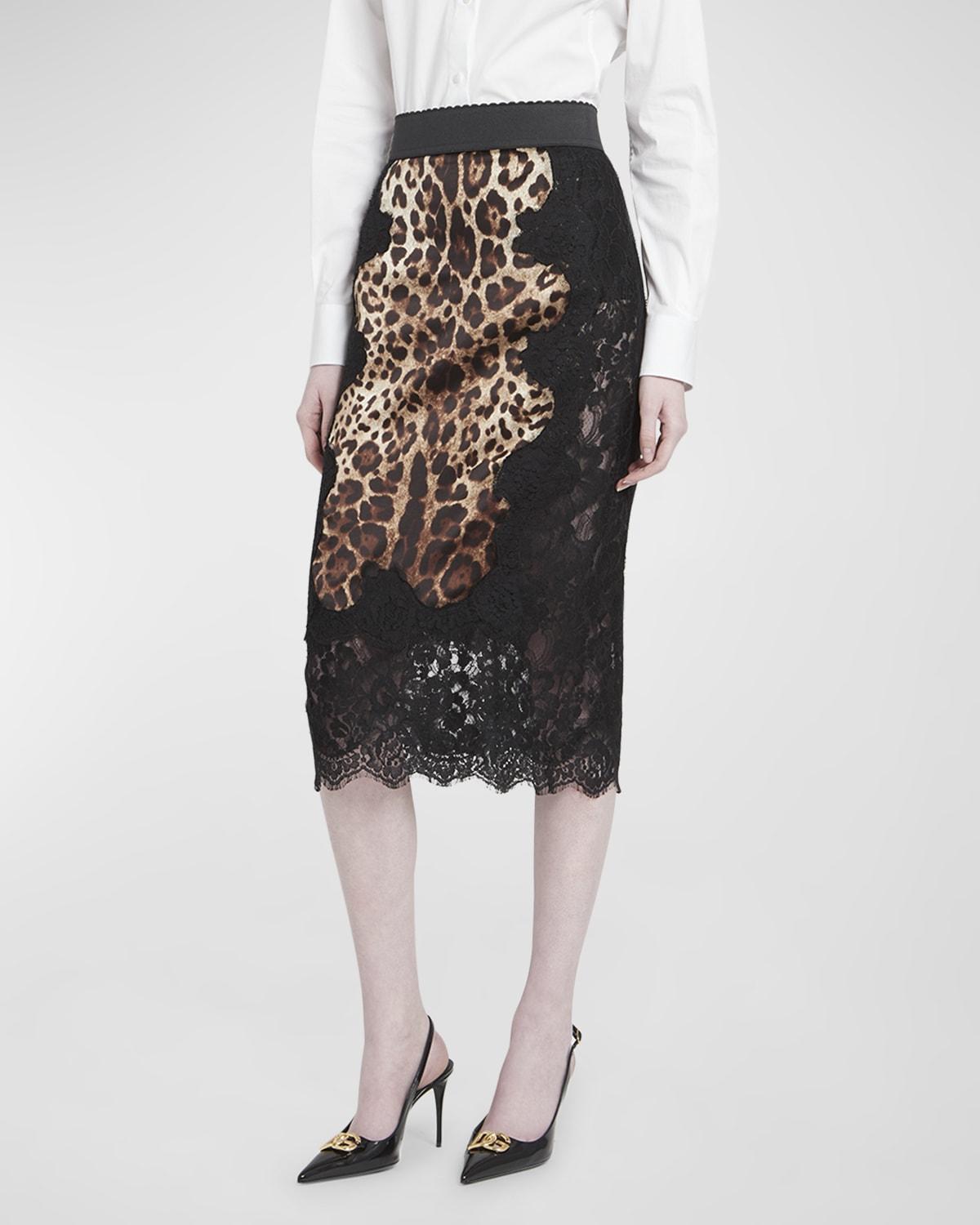 Leopard-Print Insert Lace Midi Skirt by DOLCE&GABBANA