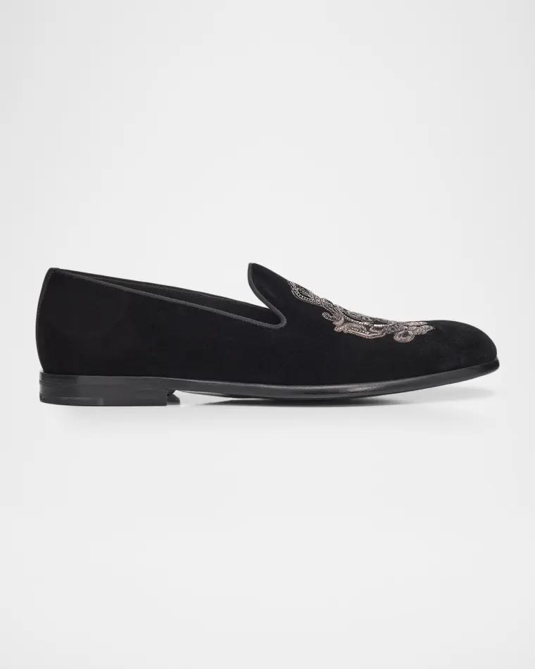 Men's Coat of Arms Embroidered Velvet Slippers by DOLCE&GABBANA