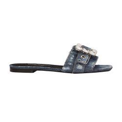 Patchwork denim slides with rhinestone buckle by DOLCE&GABBANA