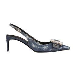 Patchwork denim slingbacks with rhinestone buckle by DOLCE&GABBANA