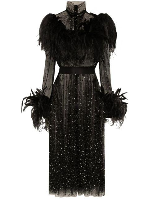 feather-trim rhinestone dress by DOLCE&GABBANA