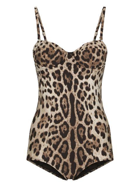 leopard-print logo-lettering swimsuit by DOLCE&GABBANA