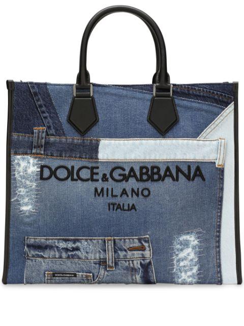 logo-embroidered denim-patchwork tote bag by DOLCE&GABBANA