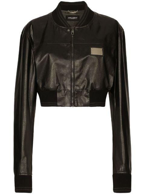 logo-plaque cropped leather jacket by DOLCE&GABBANA