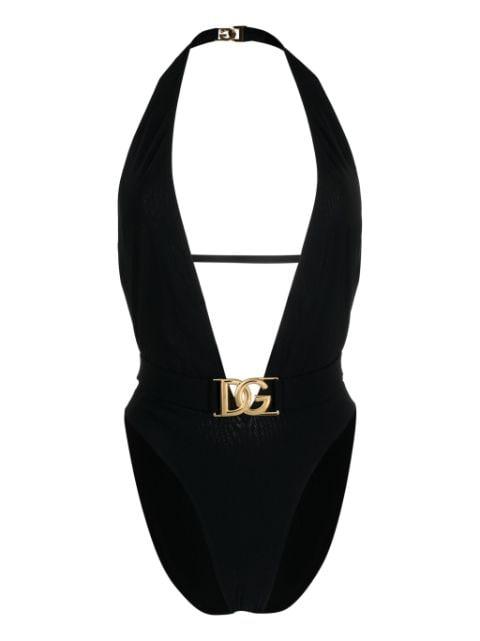 logo-plaque plunge swimsuit by DOLCE&GABBANA
