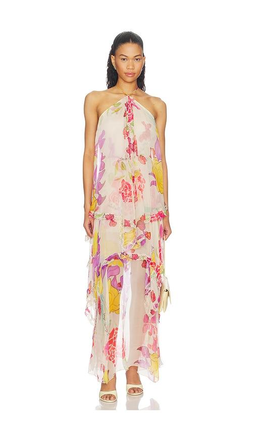Donde Esteban Flores Silk Chiffon Long Halter Dress in Beige,Blush by DONDE ESTEBAN