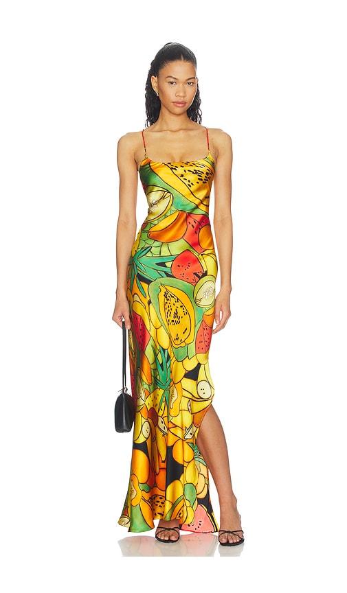 Donde Esteban Frutas Silk Satin Long Dress in Orange by DONDE ESTEBAN