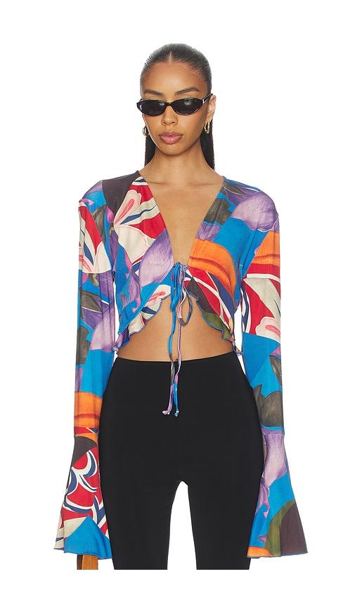 Donde Esteban Palenque Flores Jersey Blouse in Blue,Red by DONDE ESTEBAN