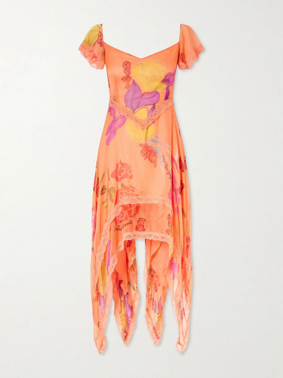 Guava Flores ruffled asymmetric lace-trimmed silk-chiffon midi dress by DONDE ESTEBAN