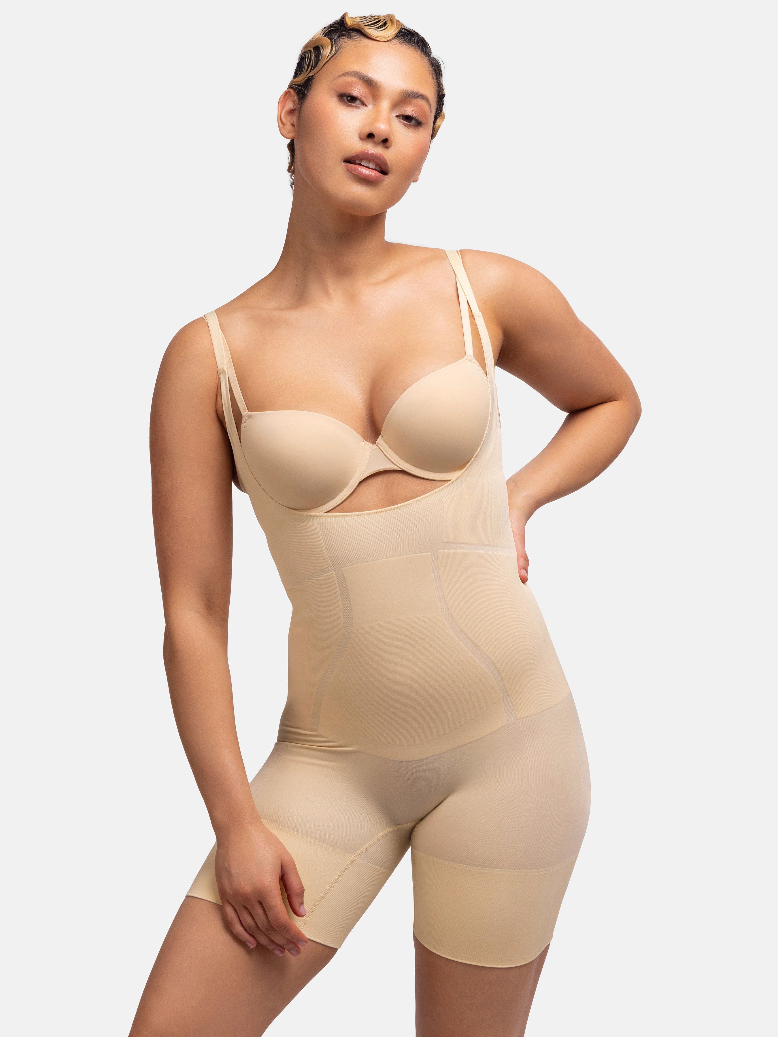 Seamless Open Bust Bodysuit Beige by DORINA