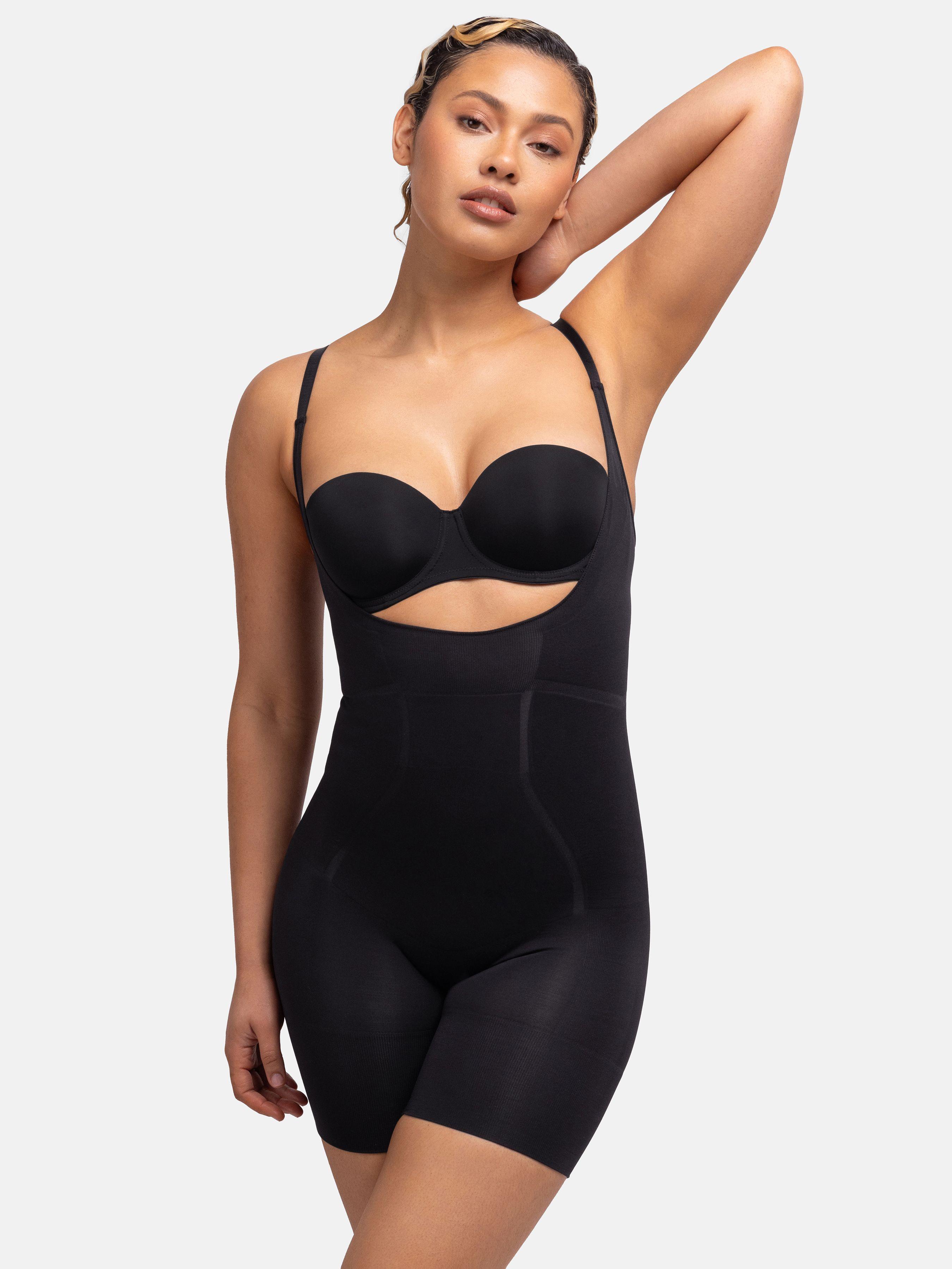 Seamless Open Bust Bodysuit Black by DORINA