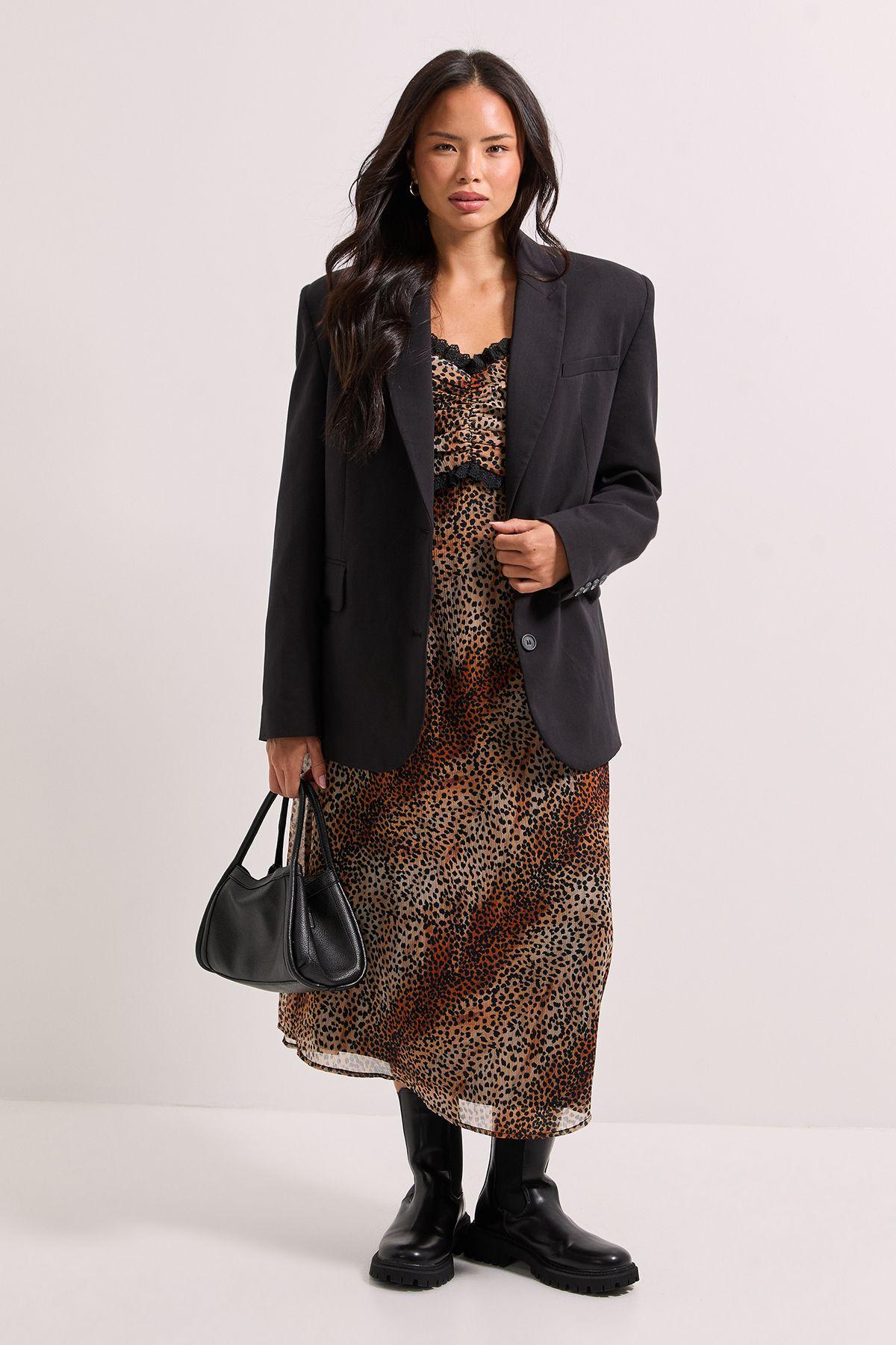 Animal Printed Lace Trim Blouson Sleeve Midi Dress by DOROTHY PERKINS Animal Printed Lace Trim Blouson Sleeve Midi Dress by DOROTHY PERKINS