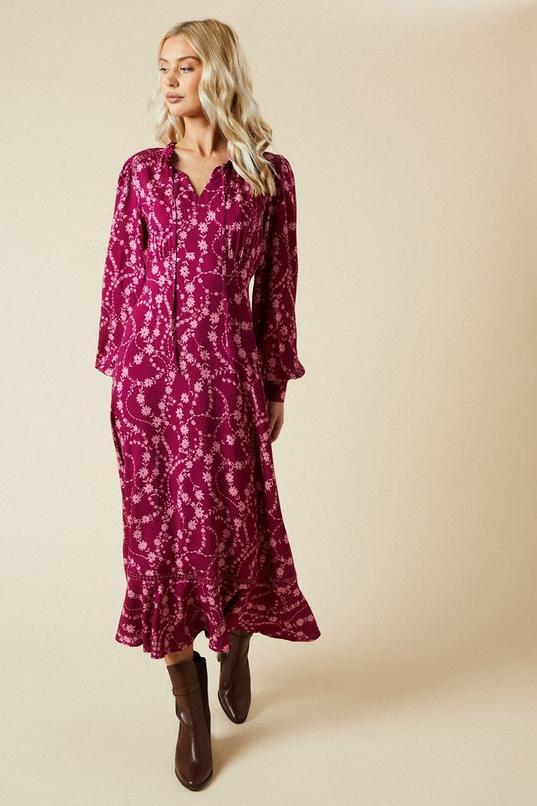 Berry Floral Lace Yoke Midi Dress by DOROTHY PERKINS