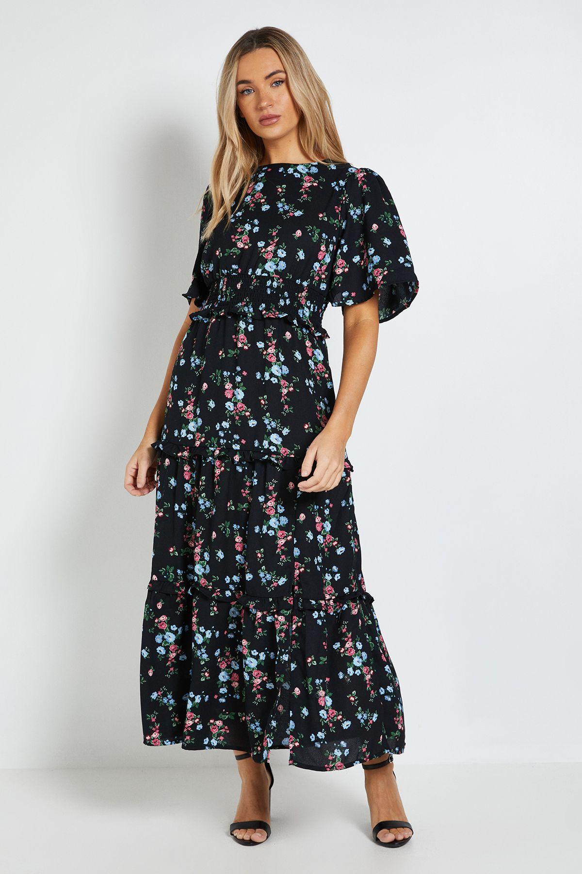 Black Ditsy Shirred Waist Angel Sleeve Tiered Maxi Dress by DOROTHY PERKINS