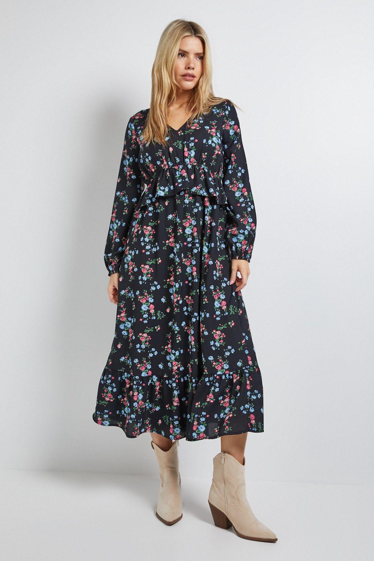 Black Ditsy Shirred Waist Long Sleeve Maxi Dress by DOROTHY PERKINS