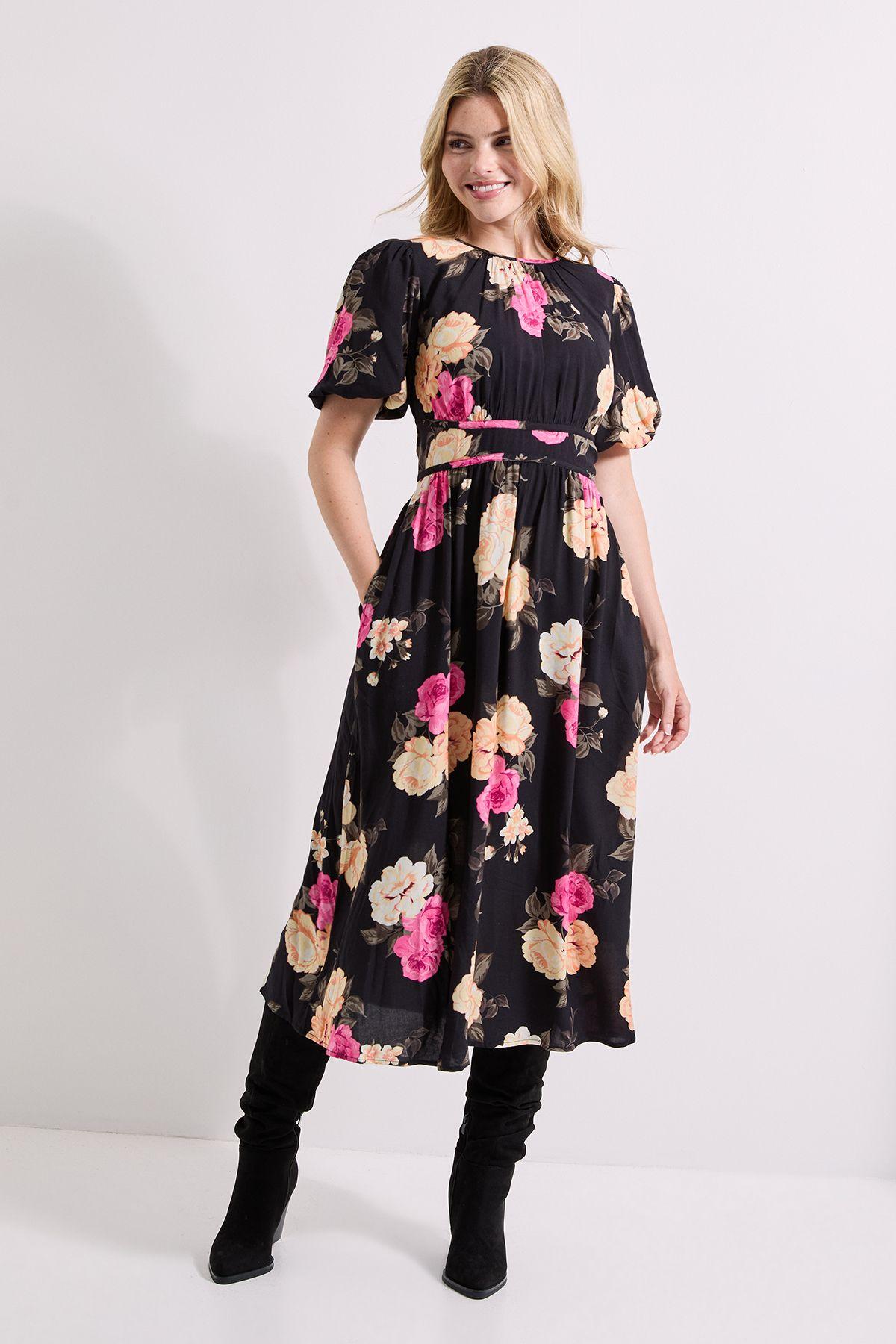 Black Floral Dropped Waist Puff Sleeve Midi Dress by DOROTHY PERKINS