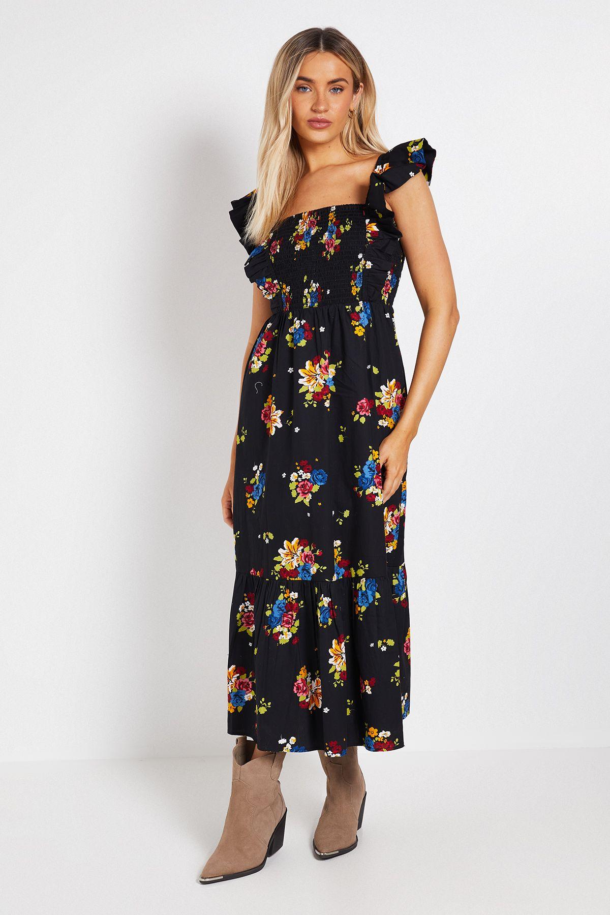 Black Floral Shirred Bodice Frill Sleeve Tiered Hem Printed Poplin Maxi Dress by DOROTHY PERKINS