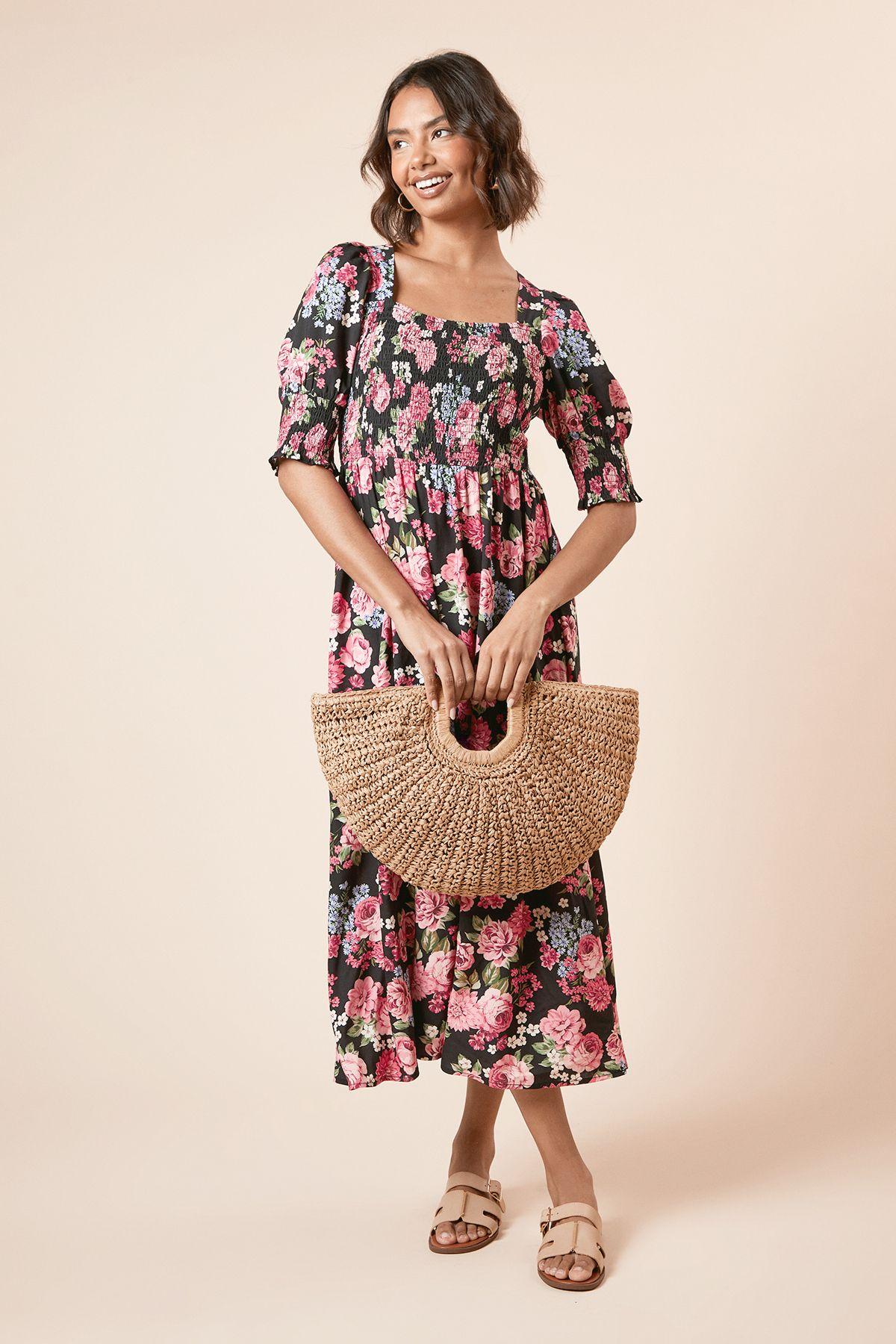 Black Floral Shirred Bodice Puff Sleeve Square Neck Midi Dress by DOROTHY PERKINS