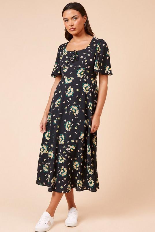 Black Floral Tie Front Angel Sleeve Midi Dress by DOROTHY PERKINS
