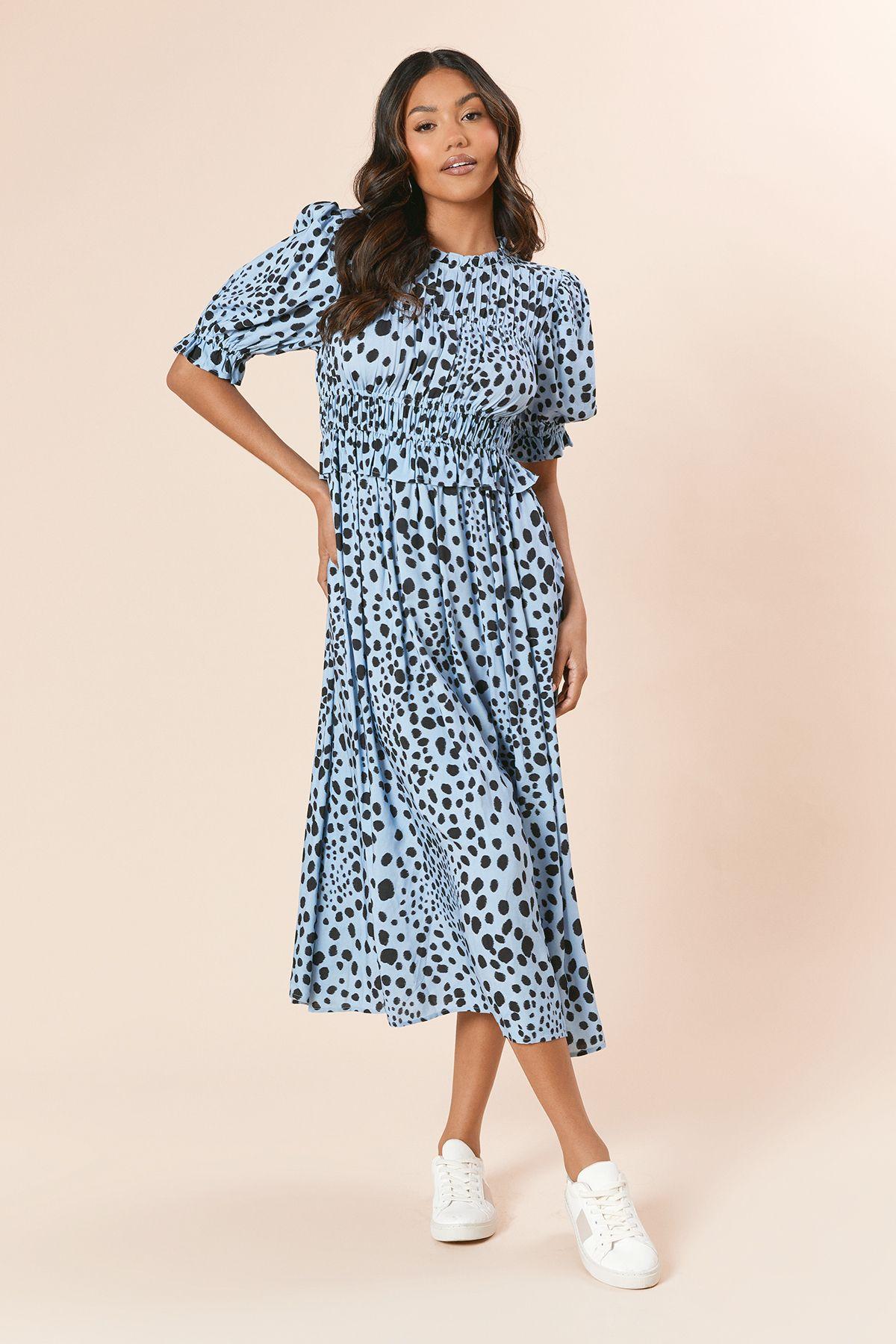 Blue Animal Shirred Bodice Puff Sleeve Midi Dress by DOROTHY PERKINS