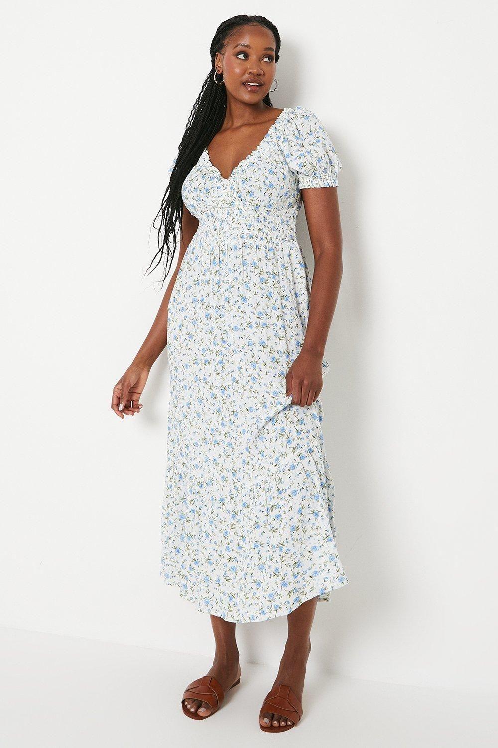 Blue Ditsy Shirred Waist Tiered Hem Midi Dress by DOROTHY PERKINS