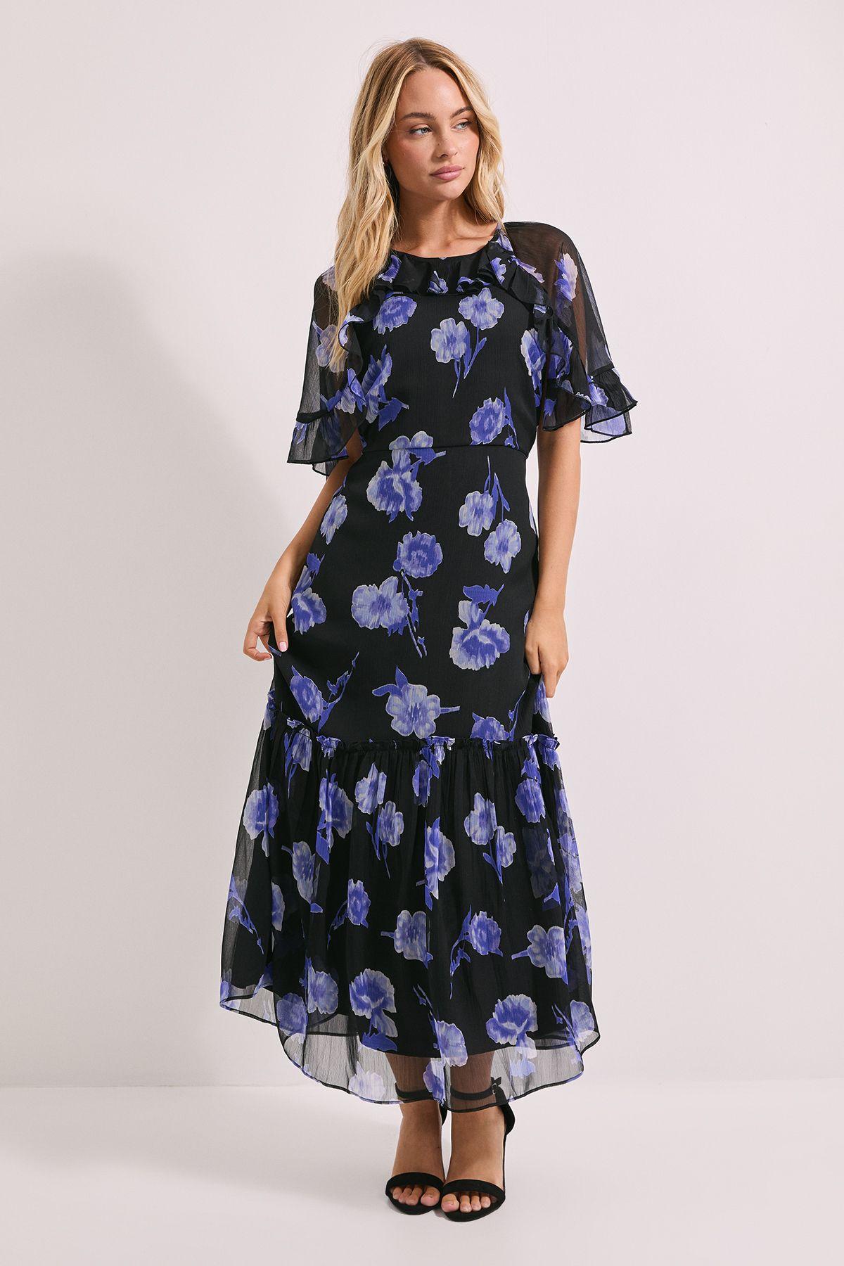 Blue Floral Frill Cape Sleeve Tiered Printed Chiffon Midi Dress by DOROTHY PERKINS Blue Floral Frill Cape Sleeve Tiered Printed Chiffon Midi Dress by DOROTHY PERKINS
