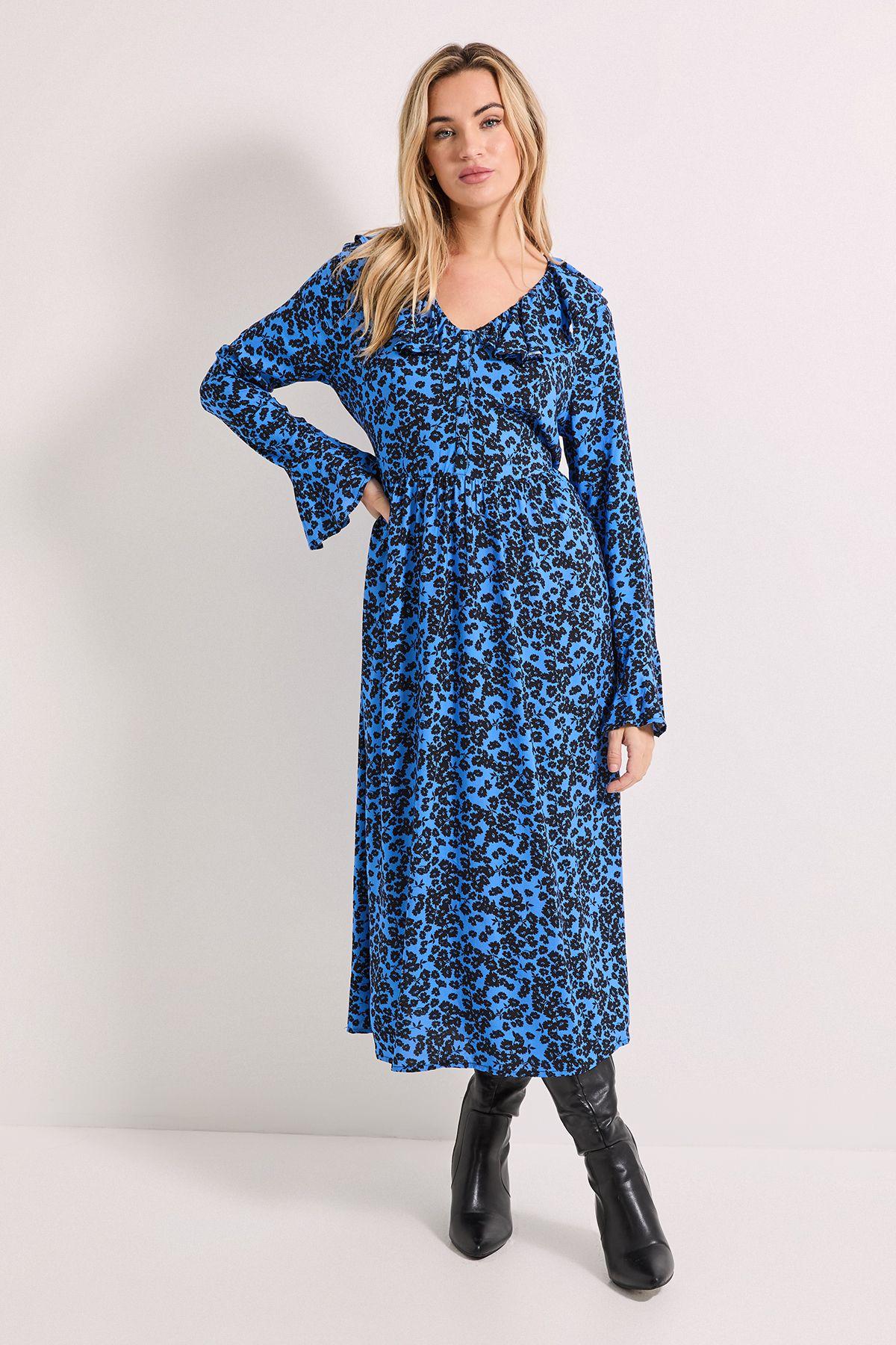Blue Floral Frill Neck Button Front Printed Midi Dress by DOROTHY PERKINS Blue Floral Frill Neck Button Front Printed Midi Dress by DOROTHY PERKINS