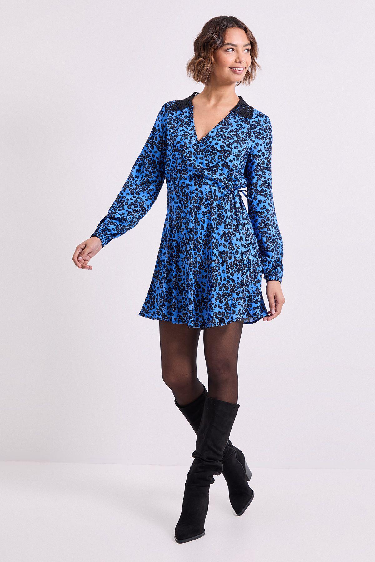 Blue Floral Lace Collar Detail Wrap Printed Mini Dress by DOROTHY PERKINS