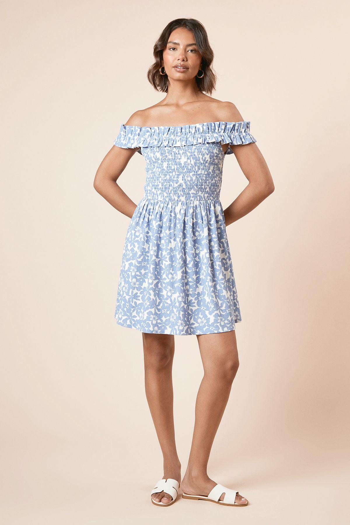 Blue Floral Shirred Bodice Bardot Jersey Mini Dress by DOROTHY PERKINS